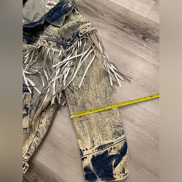 HAVOC Vintage 80s Acid Wash Fringe Womens Sz Large Blue Denim Jacket made in USA - Picture 6 of 9